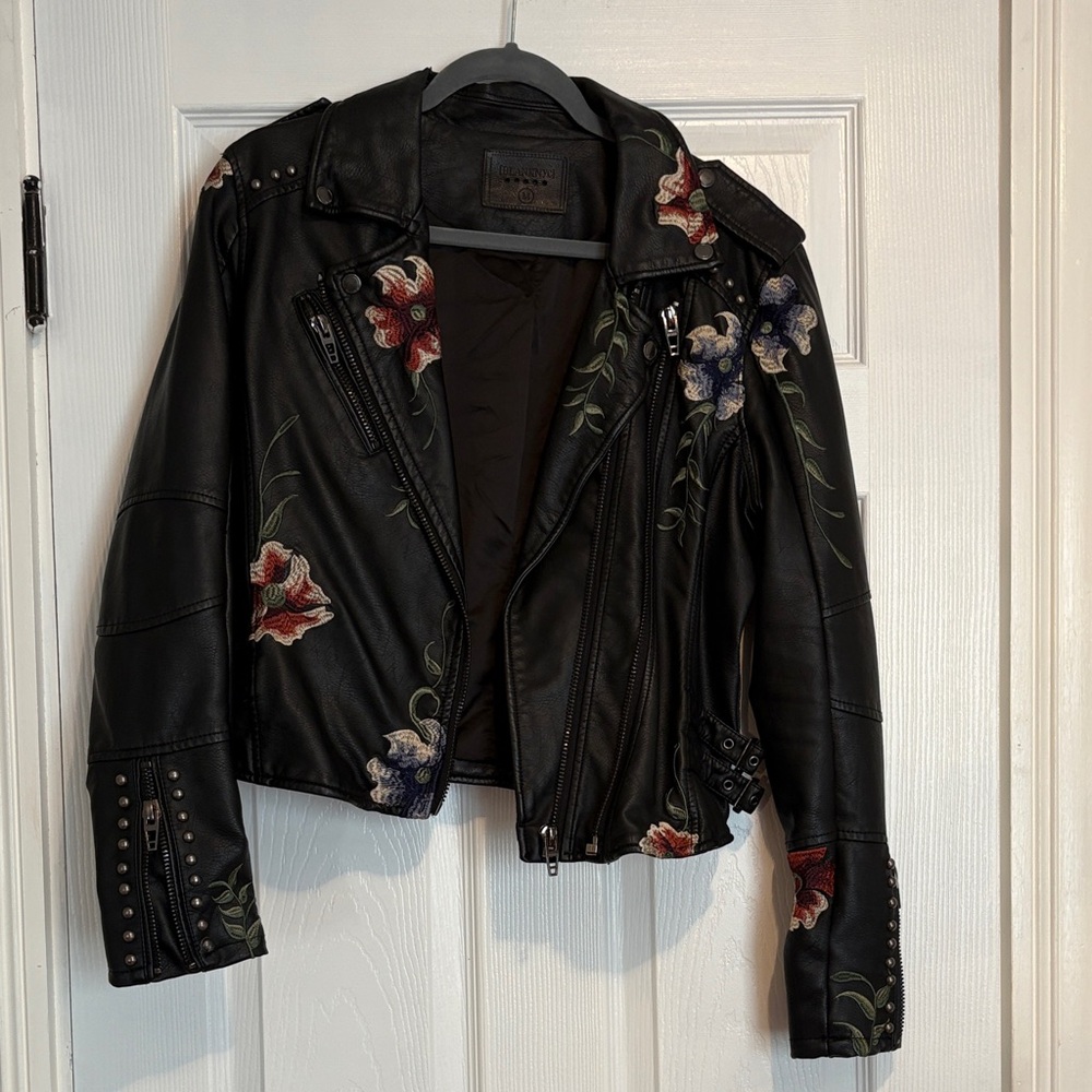 Blank NYC Black Leather Jacket with Floral Embroidery